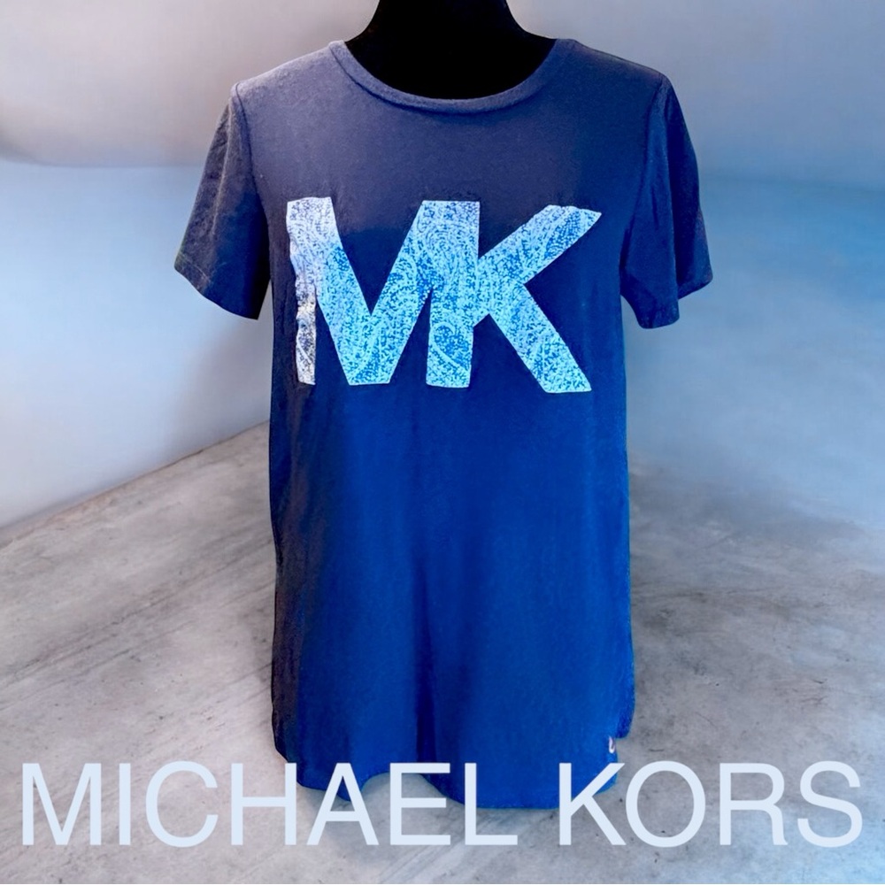 MICHAEL KORS AUTHENTIC!  PAISLEY BLUE MK LOGO WOMENS T-SHIRT SZ M